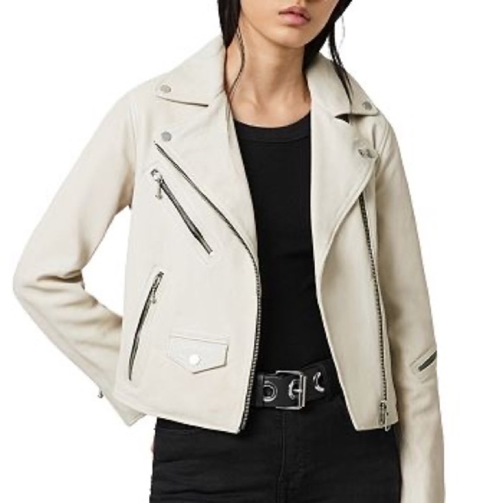 All Saints Cream Leather Moto Jacket